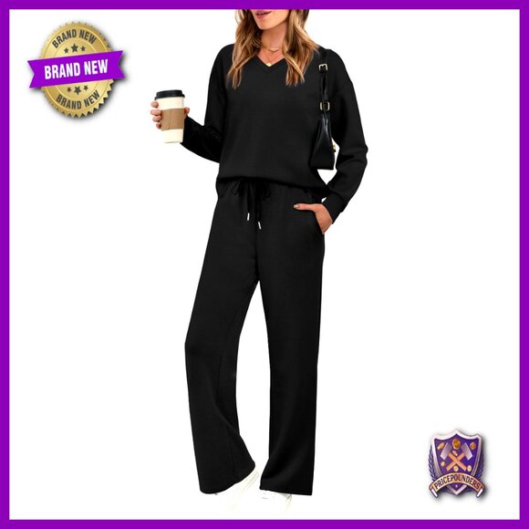 V-Neck Pullover Wide Leg Pants Lounge Set Tracksuit Cozy Sweatsuit